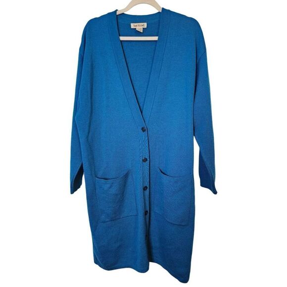 Anne Klein teal blue 100% wool long cardigan.  Size L. - Picture 1 of 4